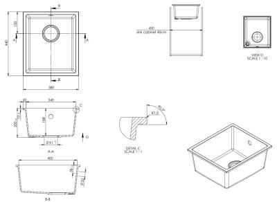 GraniteMy Universele granieten witte gootsteen 34x40 cm wit, opbouw, onderbouw en vlakbouw met koperen plug 1208967148