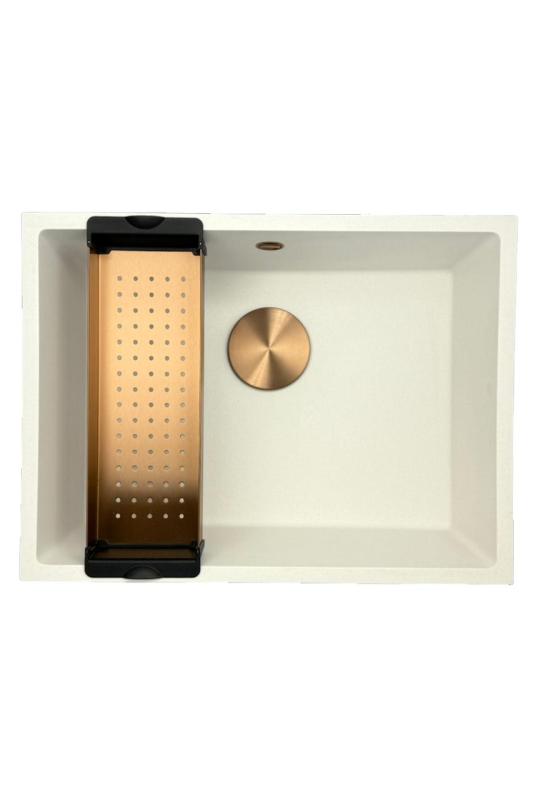 GraniteMy Universal granite white sink 55x40 cm white top-mount, under-mount, and flush-mount with copper plug 1208967156