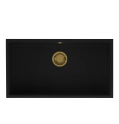 GraniteMy Universele granieten grote zwarte spoelbak 74x40 cm voor opbouw, onderbouw en vlakbouw met gouden plug 1208967159