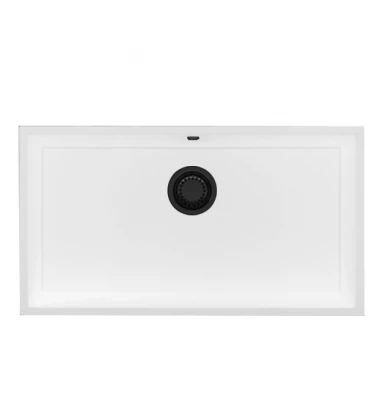 GraniteMy Universele granieten grote witte gootsteen 74x40 cm wit opbouw, onderbouw en vlakbouw met zwarte plug 1208967161