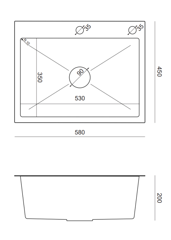 Quadri Dixton 60 RVS allas 580x450 mm hanareiällä ja lisävarusteella 1208967194