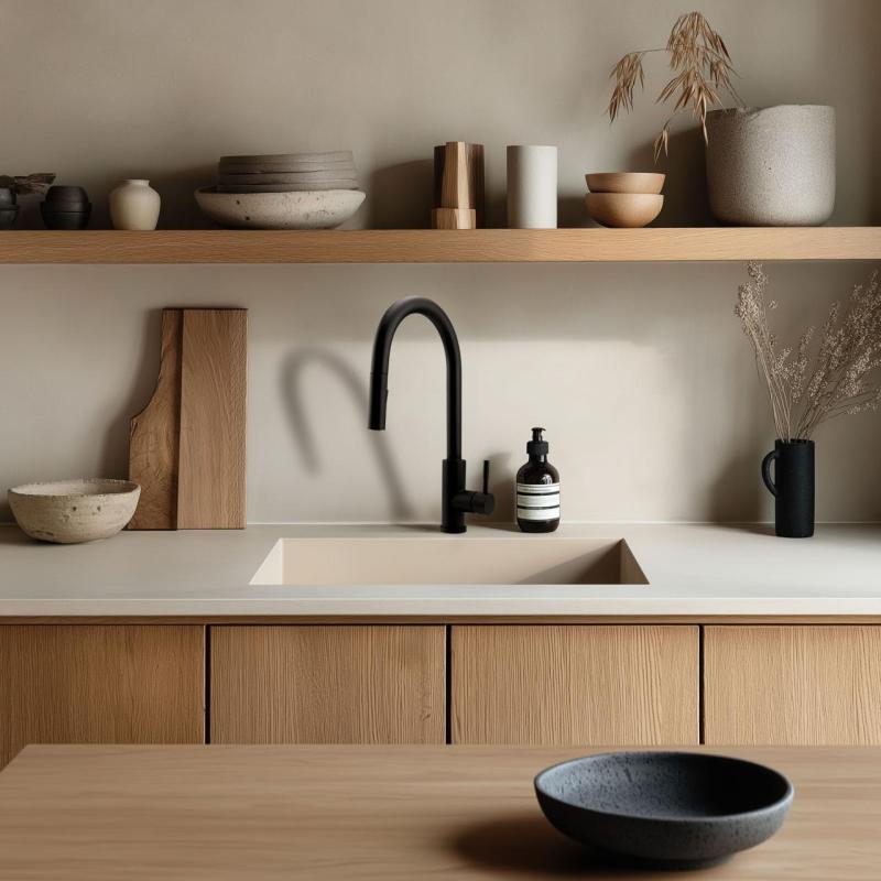 GraniteMy Universal granite beige sand sink 40x40 cm top-mounted, undermount and flush-mount with copper plug 1208967210