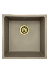 GraniteMy Universele granieten taupekleurige spoelbak 40x40 cm voor opbouw, onderbouw en vlakbouw met gouden plug 1208967215