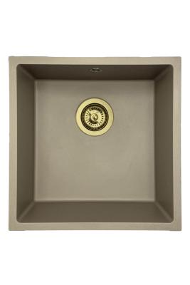 GraniteMy Universele granieten taupekleurige spoelbak 40x40 cm voor opbouw, onderbouw en vlakbouw met gouden plug 1208967215