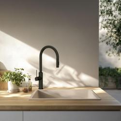GraniteMy Universele granieten beige zand spoelbak 40x40 cm voor opbouw, onderbouw en vlakbouw met zwarte plug 1208967232