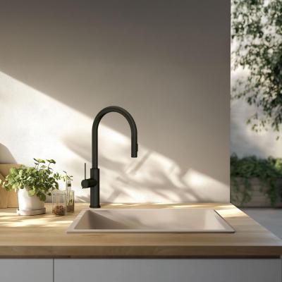 GraniteMy Universele granieten beige zand spoelbak 40x40 cm voor opbouw, onderbouw en vlakbouw met zwarte plug 1208967232