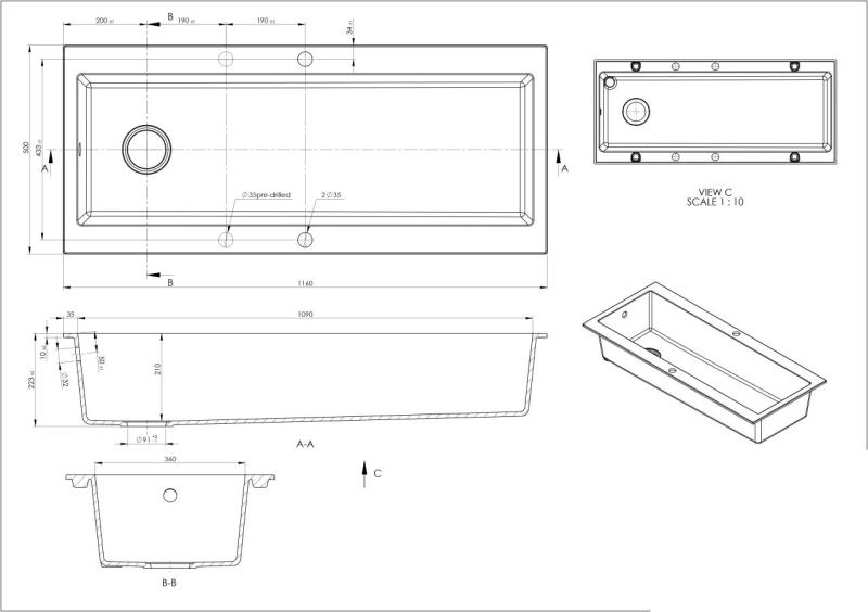 GraniteMy Trog graniittinen erittäin suuri musta pesuallas 116x50 cm musta päällirakenne hanareiällä ja mustalla tulppalla 1208967237