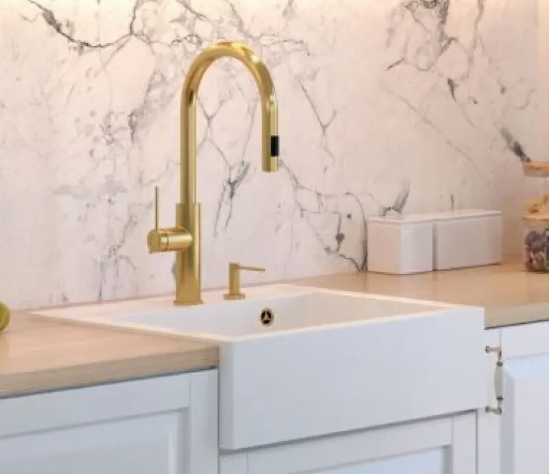 Quadri Farmhouse maalaistyylinen tasoon tai pintaan asennettava graniittiallas mattavalkoinen kultaisella tulppalla 595x540mm 1208967264