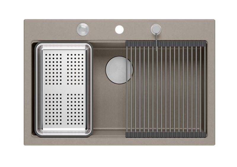 Quadri Hard Rock taupe granite inset large sink 76x50cm including stainless steel plug and accessories 1208967270