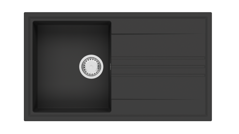 GraniteMy Vesi graniittinen päälle asennettava musta pesuallas 86x50cm, jossa on valutusalue, kääntyvä ruostumattoman teräksen tulppa 1208967279