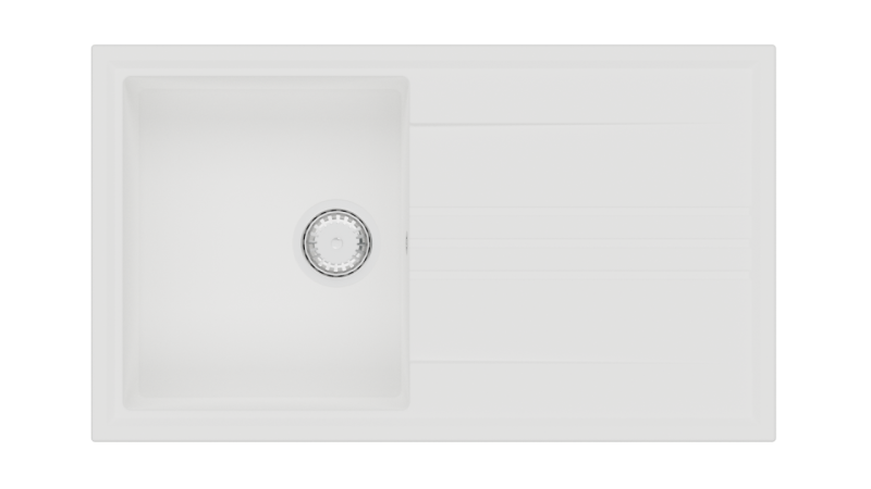 GraniteMy Vesi graniittinen päälle asennettava valkoinen pesuallas 86x50cm, jossa on tippuva kääntyvä ruostumattomasta teräksestä valmistettu tulppa 1208967291