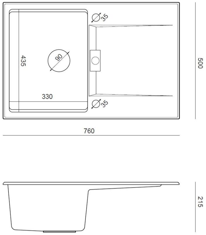 Quadri Minton Graniitti Pöytätason Päällä Musta Allas 76x50cm Valumavesialtaalla Käännettävä ja RST Tulppa - 1208967303