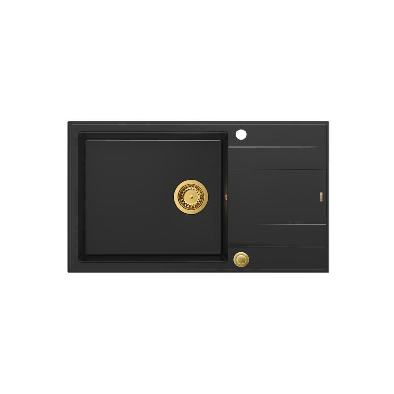 Quadri Luton musta graniittinen suuri päällinen allas valutustasolla, käännettävä 86x50cm, kultainen tulppa 1208967327