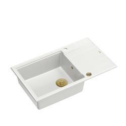 Quadri Luton valkoinen graniittinen suuri päälle asennettava pesuallas, jossa valutustaso, käännettävä 86x50cm, kultainen tulppa 1208967329