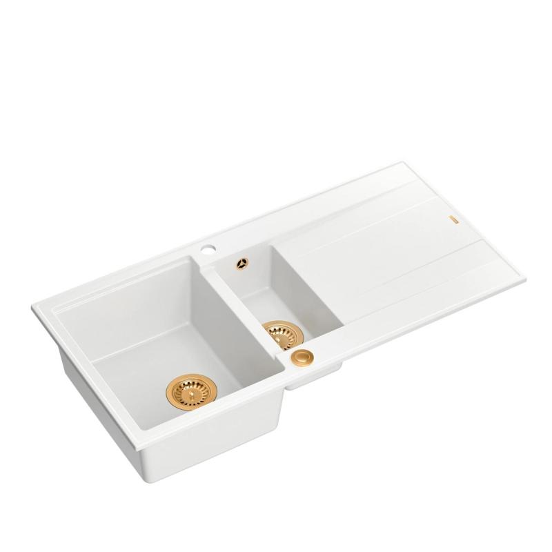 Quadri Luton valkoinen graniittinen päälle asennettava 1,5-altainen allas valutustasolla, käännettävä 100x50cm kuparipistokkeella 1208967349