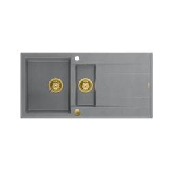 Quadri Luton harmaa graniittinen päälle asennettava 1,5-altainen tiskiallas valutustasolla, käännettävä, 100x50cm, kullanvärisellä pohjatulpalla 1208967351