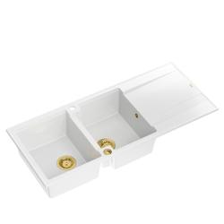 Quadri Luton -rakennettu kaksinkertainen graniittiallas valkoinen, jossa on kuivausosa 116x50 cm kultaisella tulppaanilla 1208967358