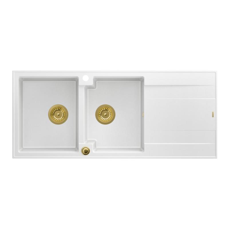 Quadri Luton -rakennettu kaksinkertainen graniittiallas valkoinen, jossa on kuivausosa 116x50 cm kultaisella tulppaanilla 1208967358