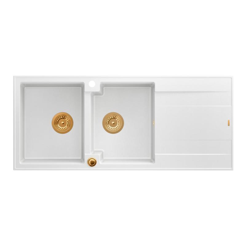 Quadri Luton päälle asennettava kaksinkertainen graniittiallas valkoinen, kuivausalueella, 116x50 cm, kuparitulppa 1208967359