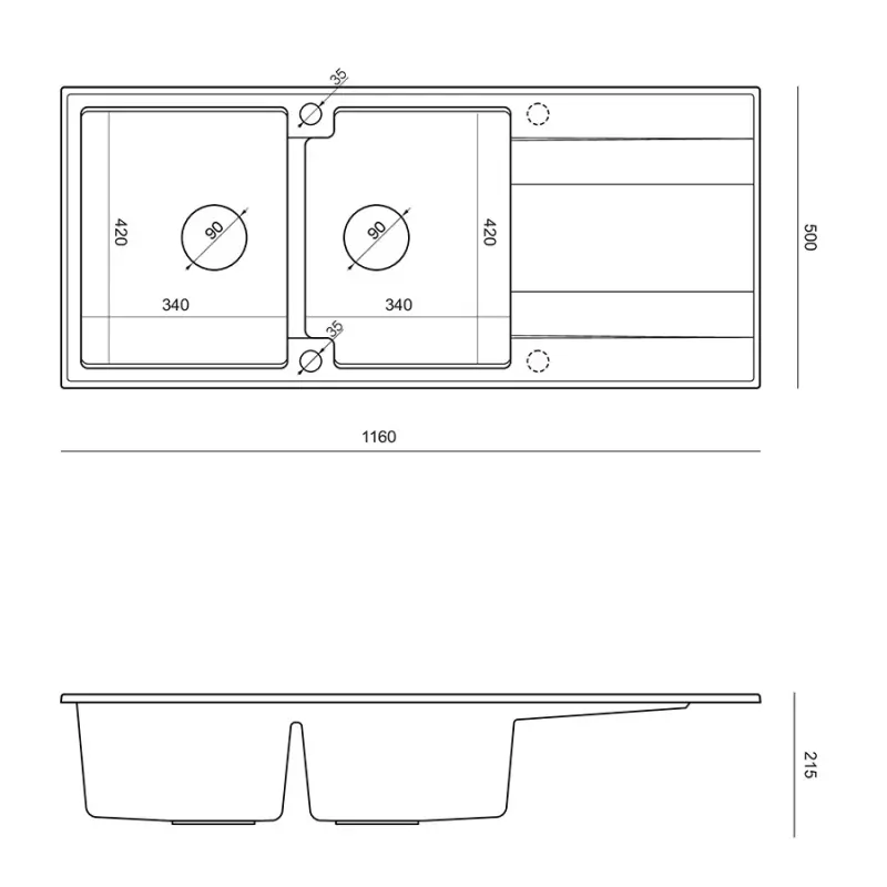 Quadri Luton rakenteinen kaksoisgraniittiallas antrasiitti kuivausalueella 116x50 cm kultatulpalla 1208967364