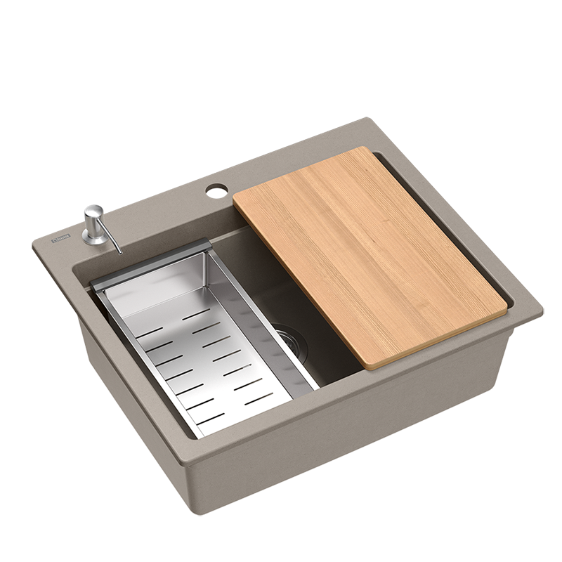 Quadri Durham taupe graniitti päällekkäinen pesuallas 595x500 saippuadispenserilla, leikkuulaudalla, upotusaltaalla ja rullamattolla 1208967376