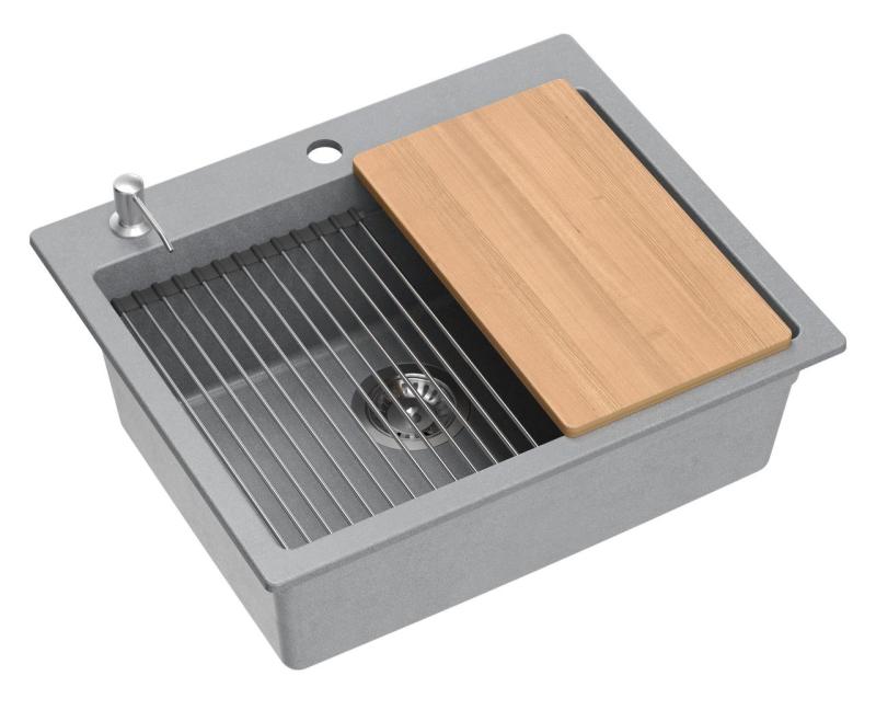 Quadri Durham harmaa graniitti päälle asennettava tiskiallas 595x500 saippuapullolla, leikkuulaudalla, upotusaltaalla ja rullamatto 1208967378