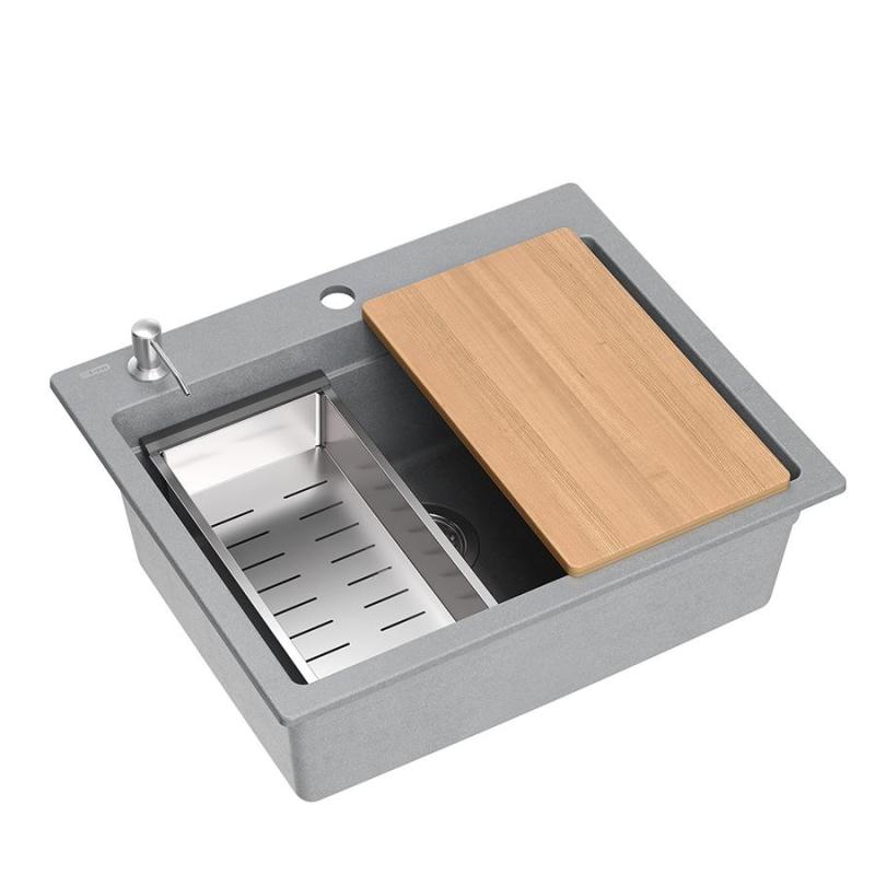 Quadri Durham harmaa graniitti päälle asennettava tiskiallas 595x500 saippuapullolla, leikkuulaudalla, upotusaltaalla ja rullamatto 1208967378