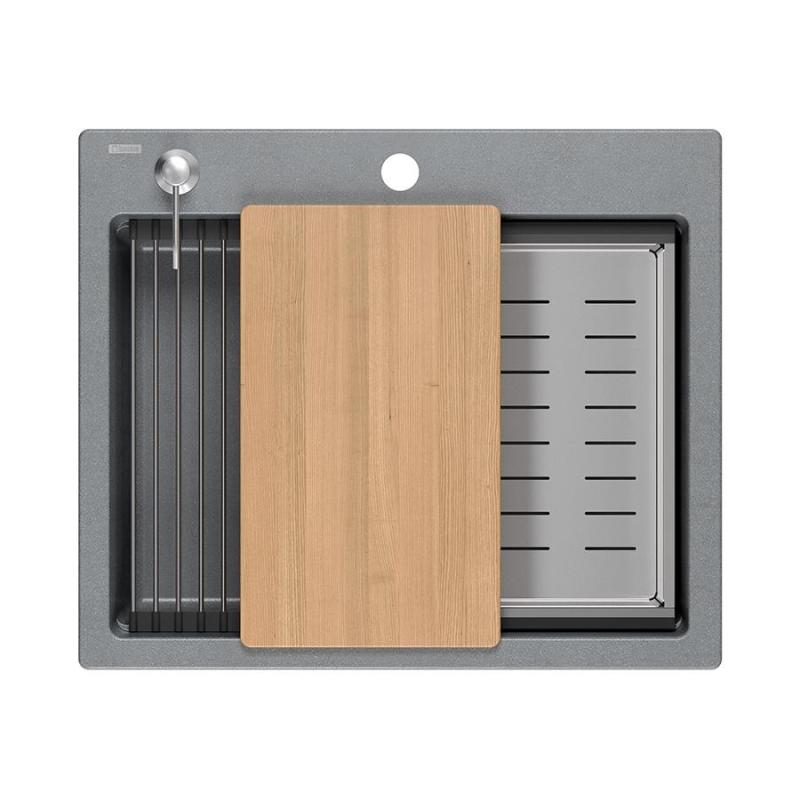 Quadri Durham harmaa graniitti päälle asennettava tiskiallas 595x500 saippuapullolla, leikkuulaudalla, upotusaltaalla ja rullamatto 1208967378