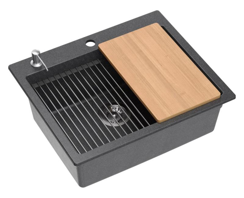 Quadri Durham antrasiitti graniitti päälle asennettava tiskiallas 595x500, jossa saippua-annostelija, leikkuulauta, lisäallas ja rullamatto 1208967379