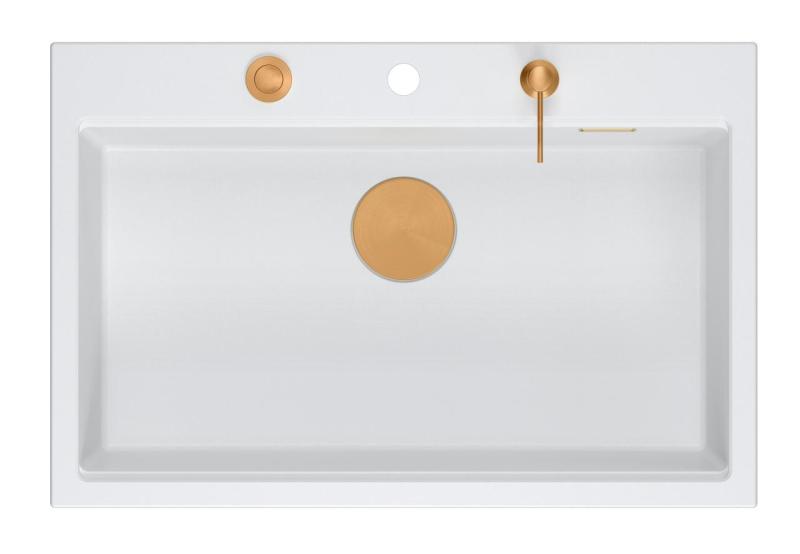 Quadri Hard Rock valkoinen graniittinen päältä asennettava suuri pesuallas 76x50cm, sisältää kuparisen tulpan ja tarvikkeet 1208967428