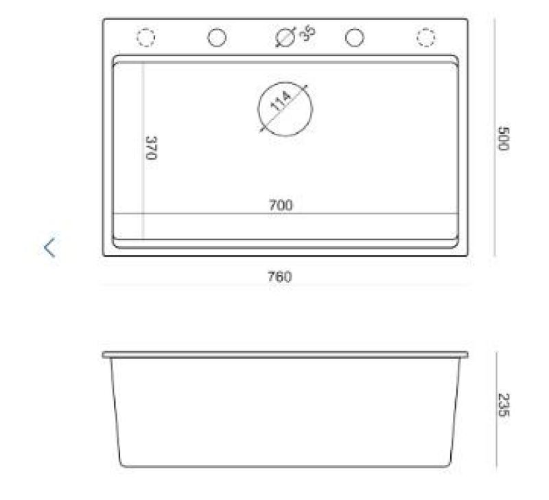 Quadri Hard Rock anthracite granite inset large sink 76x50cm including stainless steel plug and accessories 1208967442