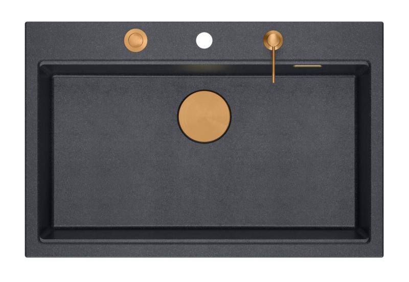 Quadri Hard Rock antrasiitin värinen graniittinen päältä asennettava iso pesuallas 76x50 cm, sisältää kuparisen tulpan ja tarvikkeet 1208967445