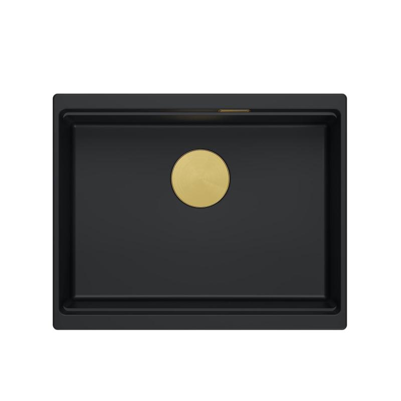 Quadri Newport II graniitti upotettava musta pesuallas 560x450 mm kultaisella tulppalla ja viemärin kannella 1208967449