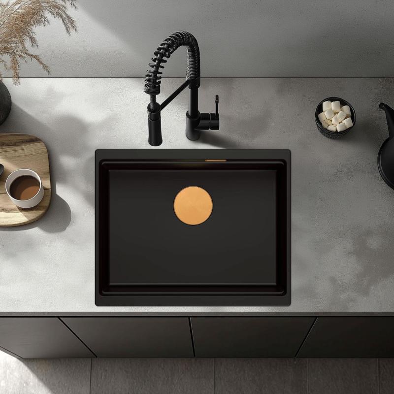 Quadri Newport II graniitti altaan alle asennettava musta pesuallas 560x450mm kuparitulpan ja viemärikannen kanssa 1208967450