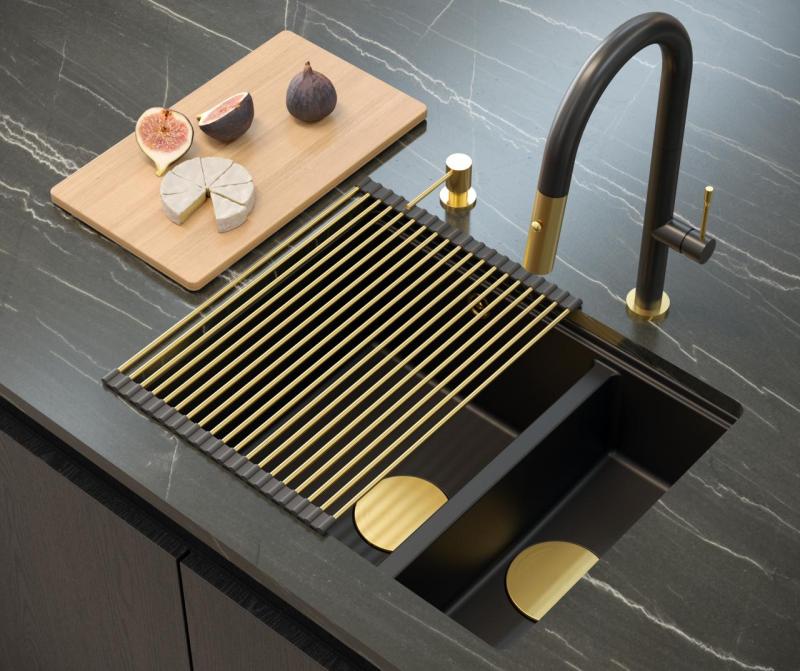 Quadri Newport II musta 1,5 altaan graniittinen upotettava ja alapuolelle asennettava pesuallas 555x460mm kultaisella tulppalla 1208967464