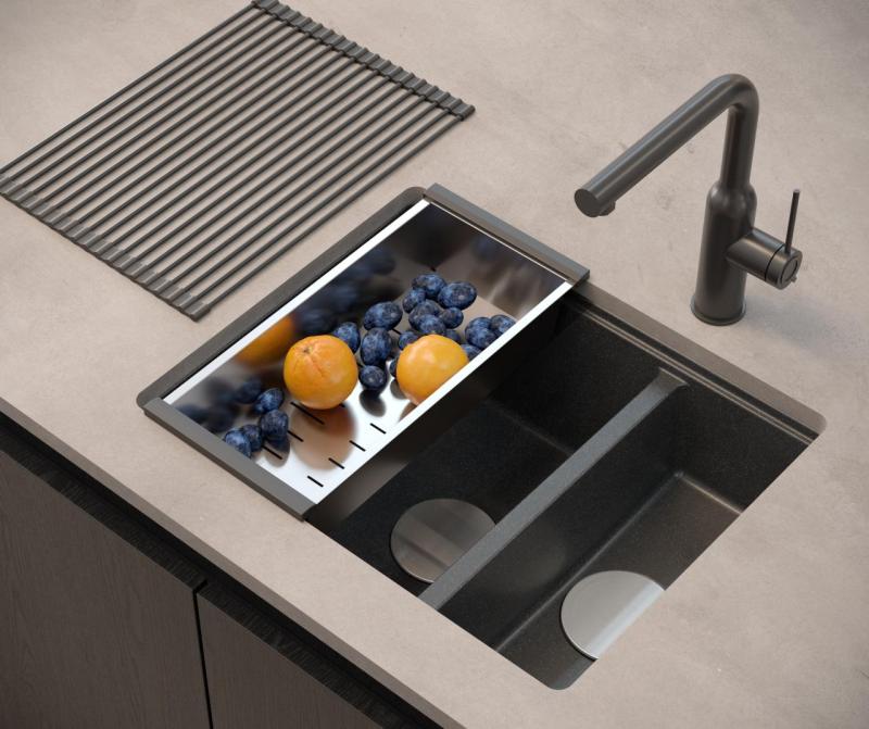 Quadri Newport II antrasiitti 1,5-altaallinen graniittiallas, pinta- ja alapuolinen asennus, 555x460 mm, ruostumattomasta teräksestä valmistettu tulppa 1208967472