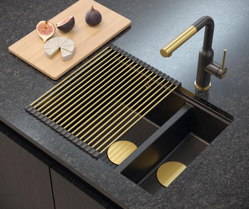 Quadri Newport II antrasiitti 1,5 pesuallasta graniitti päälle- ja alapuolelle asennettava pesuallas 555x460mm kultaisella tulppalla 1208967473