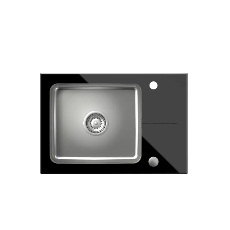 Quadri Glazz Set keittiöhanalla ja ruostumattomasta teräksestä valmistetulla asennettavalla altaalla, jossa on musta lasinen kuivausalue 64x44cm, käännettävä 1208967493