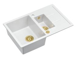 Quadri Brenton valkoinen graniittinen pintakiinnitteinen 1,5-altainen pesuallas valutuspinnalla 78x50cm kultaisella tulppalla 1208967551