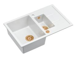 Quadri Brenton valkoinen graniittinen työtasoon asennettava 1,5-altainen tiskiallas valutustasolla 78x50cm kuparisella tulppalla 1208967552