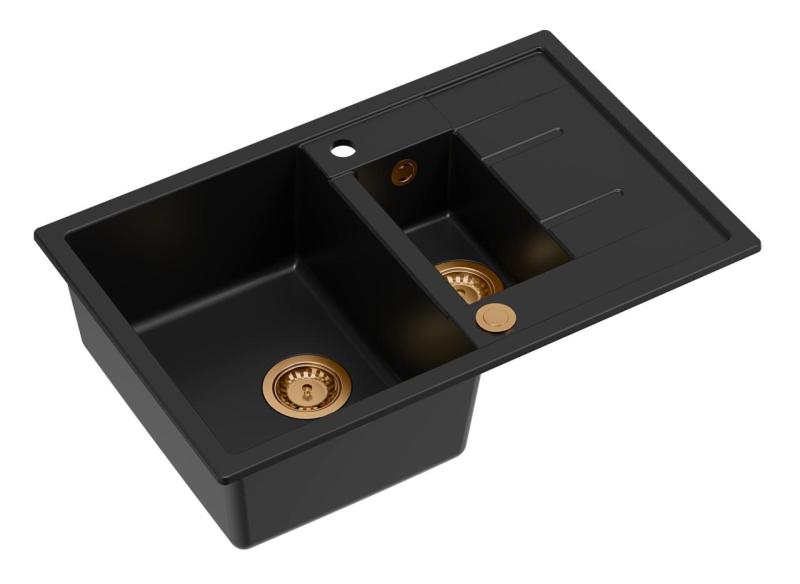 Quadri Brenton musta graniittinen pintaan asennettava 1,5 altaalla ja valutustasolla 78x50cm kuparisella tulppalla 1208967555