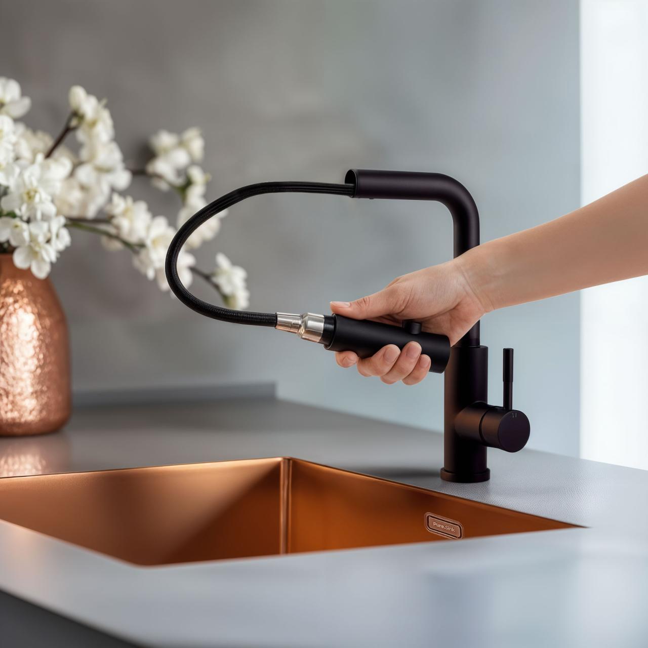 Pure.Sink Elite Steel Spark-S keittiöhana Matta musta, ulosvedettävä juoksuputki PS8041-10 - Productafbeelding 2