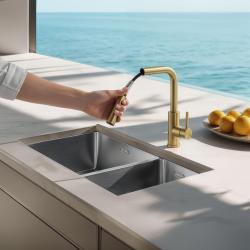 Pure.Sink Elite Steel Spark-S keittiöhana PVD Harjattu kulta, ulosvedettävä juoksuputki PS8041-60
