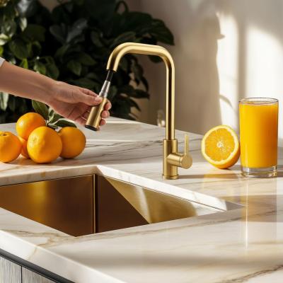 Pure.Sink Elite Steel Crystal-S keittiöhana PVD Harjattu kulta, ulosvedettävä juoksuputki PS8050-60