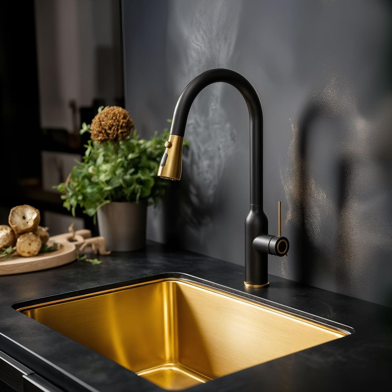 Quadri Stamford Kitchen Faucet Black with PVD Gold Finish with Pull-Out Spout and Spray Mode 1208967693 - Productafbeelding 2