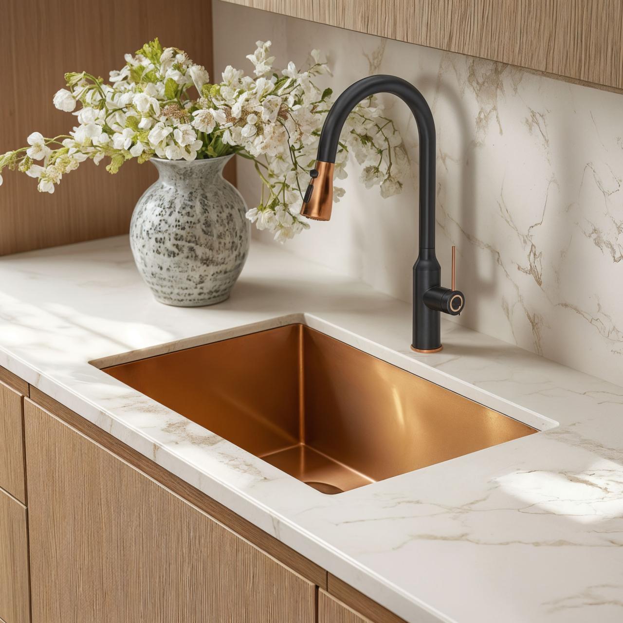Quadri Stamford Kitchen Mixer Tap Black with PVD Copper Finish with Pull-Out Spout and Spray Mode 1208967695 - Productafbeelding 2