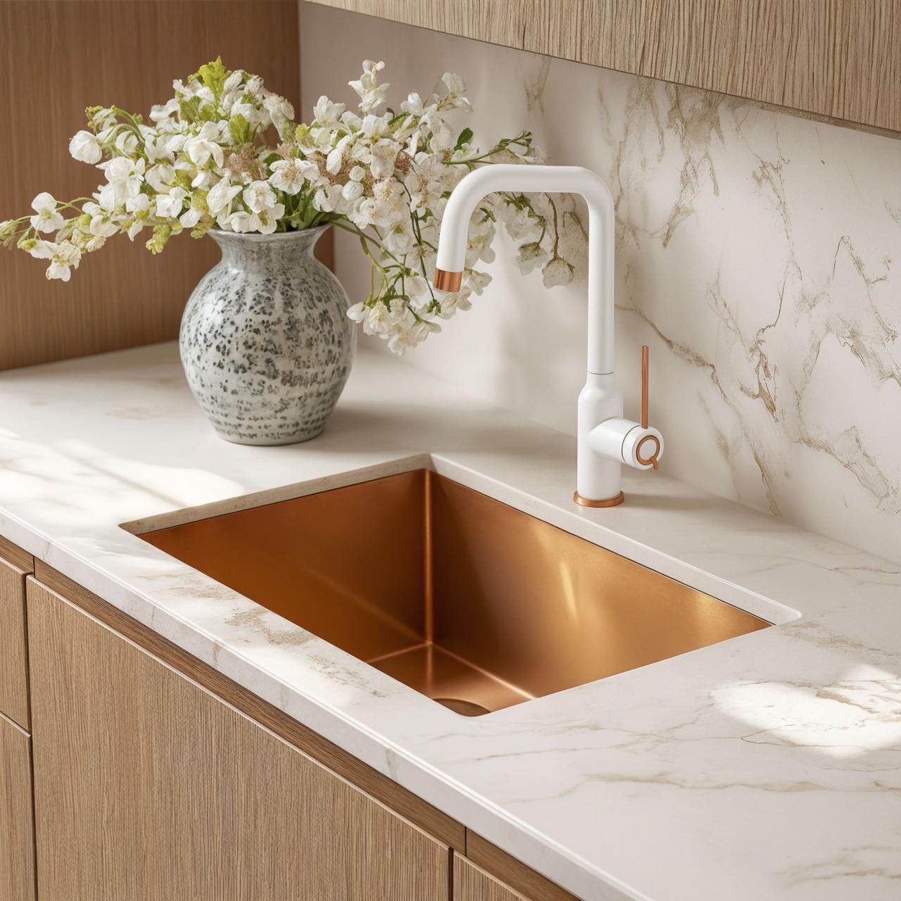 Quadri Stamford Kitchen Mixer Tap White with PVD Copper Finish with Swivel Angular Spout 1208967700 - Productafbeelding 2