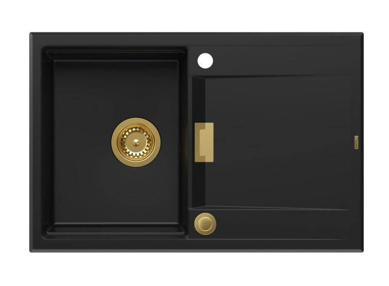 Quadri Minton Graniittinen Pöytätason Päälle Asennettava Musta Pesuallas 76x50cm Käännettävällä Valutusalueella ja Kultainen Tulppa 1208967739