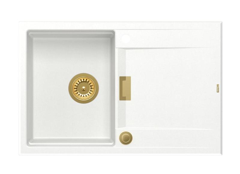 Quadri Minton Graniettinen Päällinen Valkoinen Pesuallas 76x50cm Kuivaustasolla Käännettävä ja Kultainen Tulppa - 1208967748