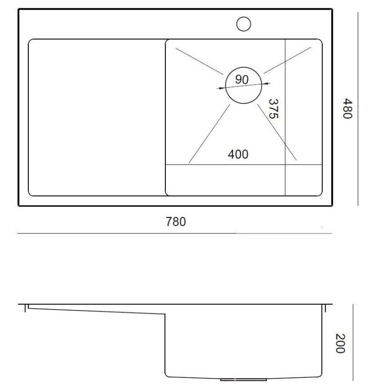 Aquadesign Clara pesuallas ruostumattomasta teräksestä, oikeanpuoleinen kulho 78x48 cm, päällinen tai tasoon asennettava, tippateline, hanatuki ja ruostumattomasta teräksestä valmistettu tulp